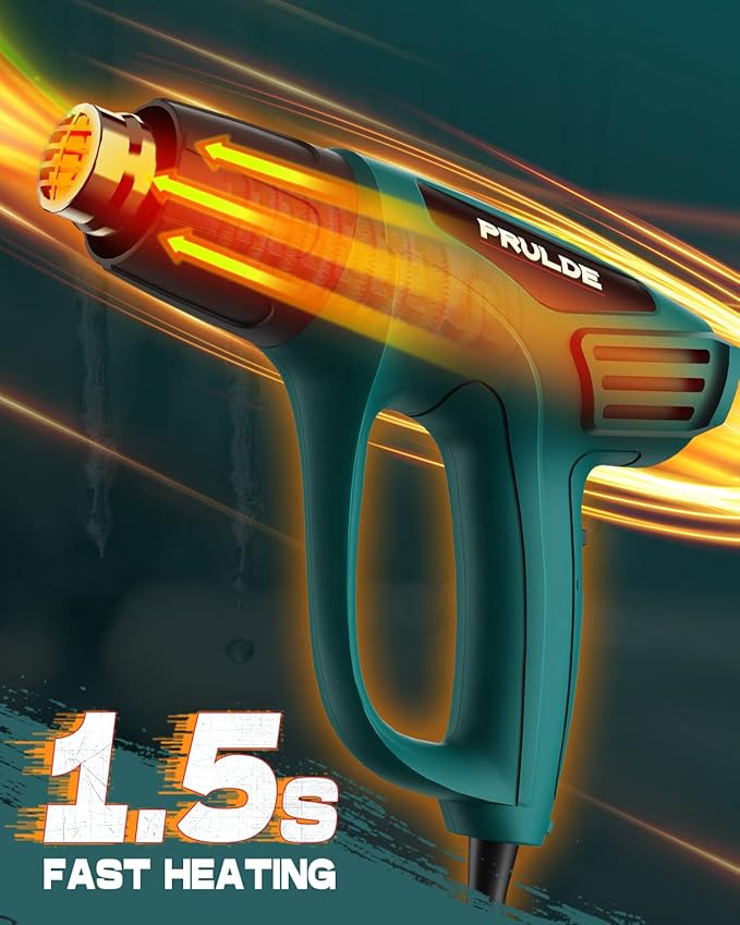 PRULDE Heat Gun, 1500W Dual Temperature Settings 572°F~1112°F Fast Heating Hot Air Gun with 6.5Ft Power Cord/4 Nozzles/Overload Protection for Crafts, Shrink Wrapping/Tubing, Paint Removing(N2190)