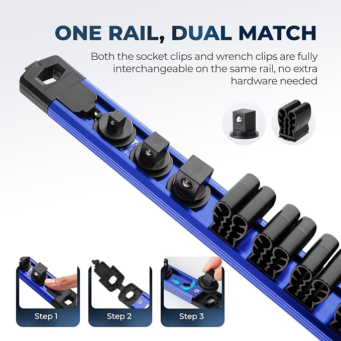 Reniteco 6-Piece Magnetic Socket Organizer and Screwdriver Organizer Set | 3-Piece 1/4", 3/8" & 1/2" Drive Socket Rails, 3-Piece Wrench Screwdriver Holder, Interchangeable Clips, Aluminum Alloy Rail