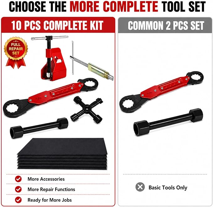 10 Pcs Angle Stop Wrench Kit Plumbing Tool for Under Sink Valve Repair Set | With Compression Sleeve Puller, Ferrule Removal Tool, 4-Way Utility Key, Dual-End MPT Socket and 5 180-Grit Polishing Discs