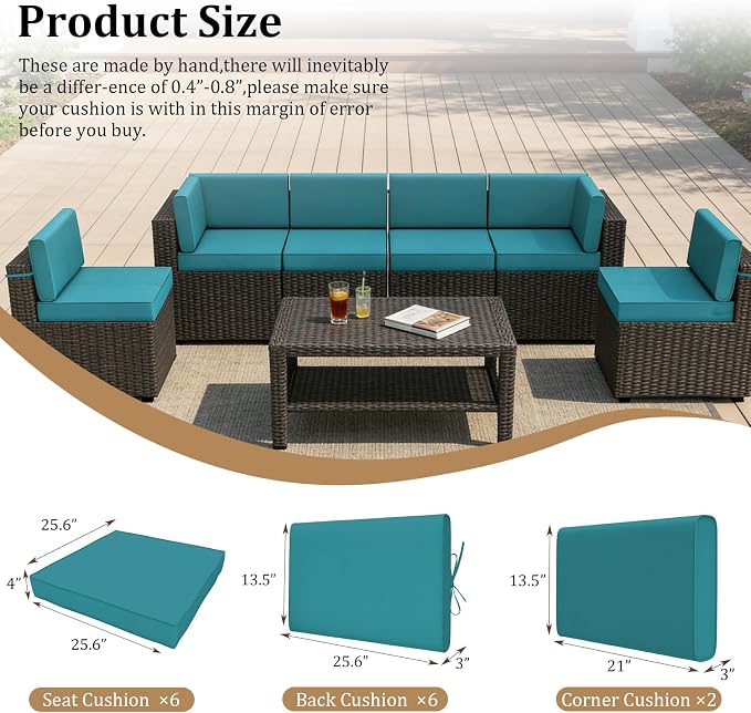 14 Piece Outdoor Furniture Replacement Cushions, Cover+Filling, 25.6" x 25.6" x 4" Foam Waterproof Outdoor Sofa Cushion Sets, Fit Wicker Rattan Sectional Conversation Set,Teal