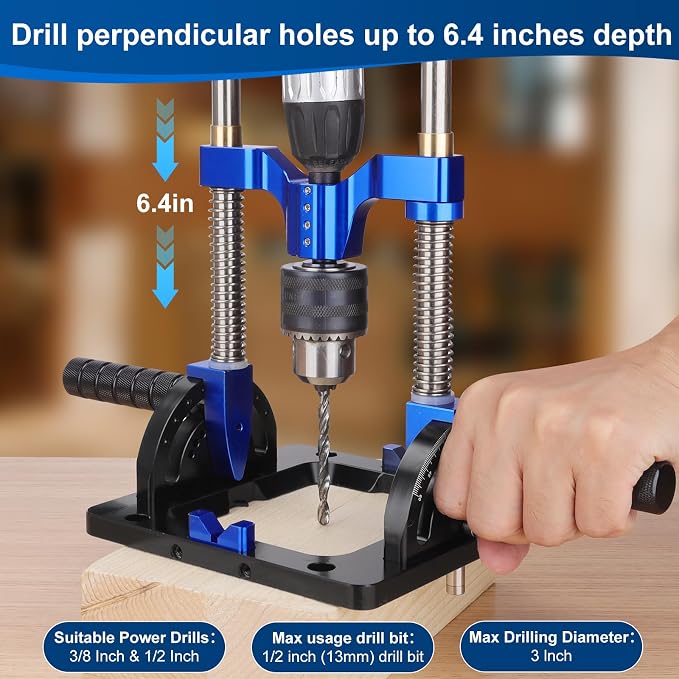 Upgraded Portable Drill Guide, Adjustable 0°to 60°Multi Angle Drill Guide for Straight Holes, Drill Press Adapter for Hand Drill, with 1/2" Chuck, Key, Guide Rod Precision Drilling Jig,Heavy-Duty