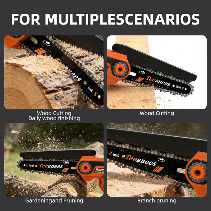 8" Brushless Electric Chainsaw, 1200W Battery Powered Chainsaw with 4.0Ah Battery & 4 Chains, 2-in-1 Dual Bar (8" & 6") Handheld Saw, for Tree Trimming (Orange, 1 Battery)