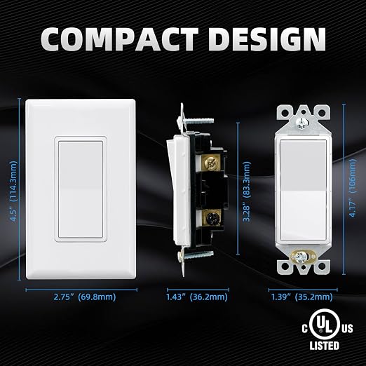 ELEGRP 3 Way Decorator Light Switch, 15Amp, 120-277 Volt, AC Rocker Paddle Wall Switch Replacement, Self-Grounding, Residential Grade, Screwless Wall Plate, UL Listed (10 Pack, Glossy White)