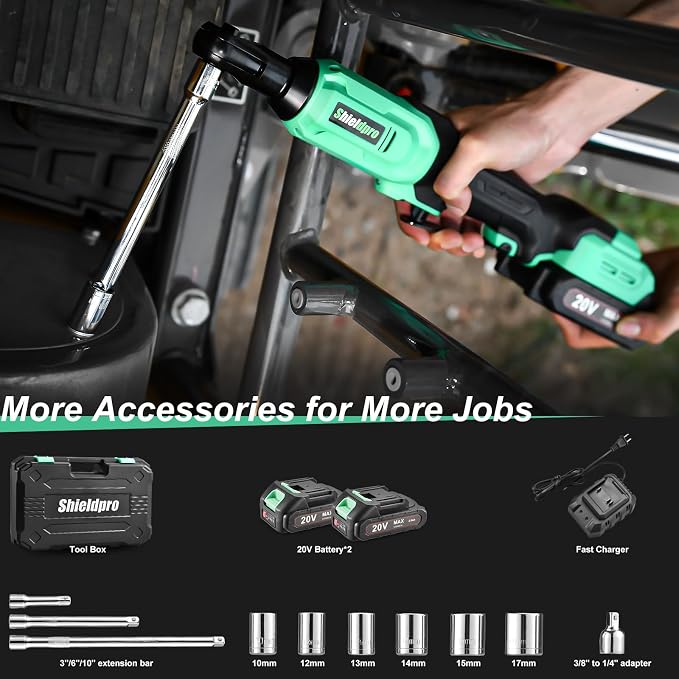 20V Cordless Ratchet Wrench Set - 3/8" Electric Power Ratchet Kit with 400RPM, LED Work Light, and 2 Batteries, Fast Charger, Sockets, Adapters and Extension Bars (Green)