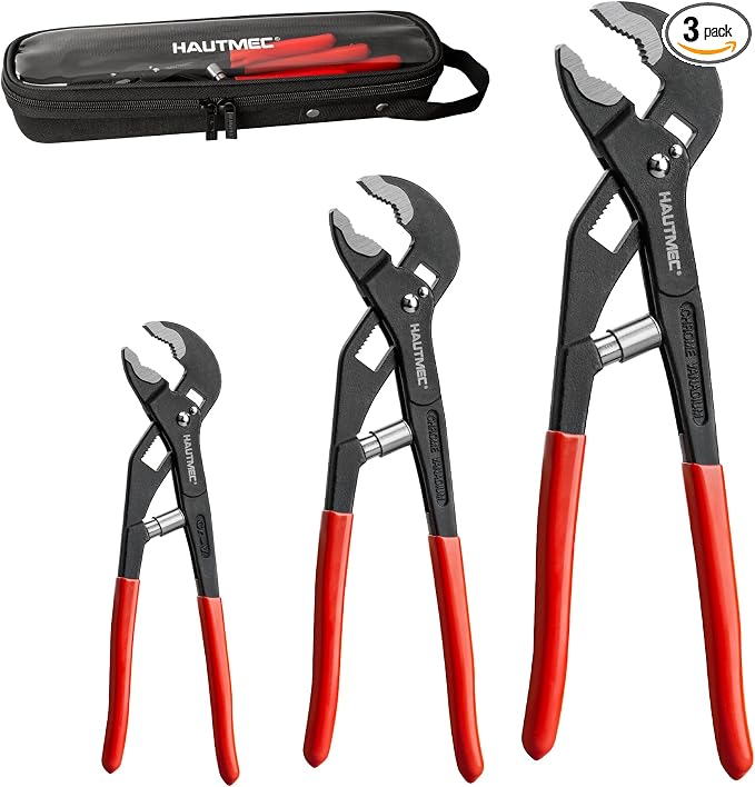 HAUTMEC 3PCS Water Pump Pliers Set, Auto Adjusting Tongue and Groove Joint Pliers Tool Set, One-Hand Spring-Loaded Design, CRV Steel V-Jaw with Comfort Grip, 7/10/12 Inch for Plumbing, Home Repair