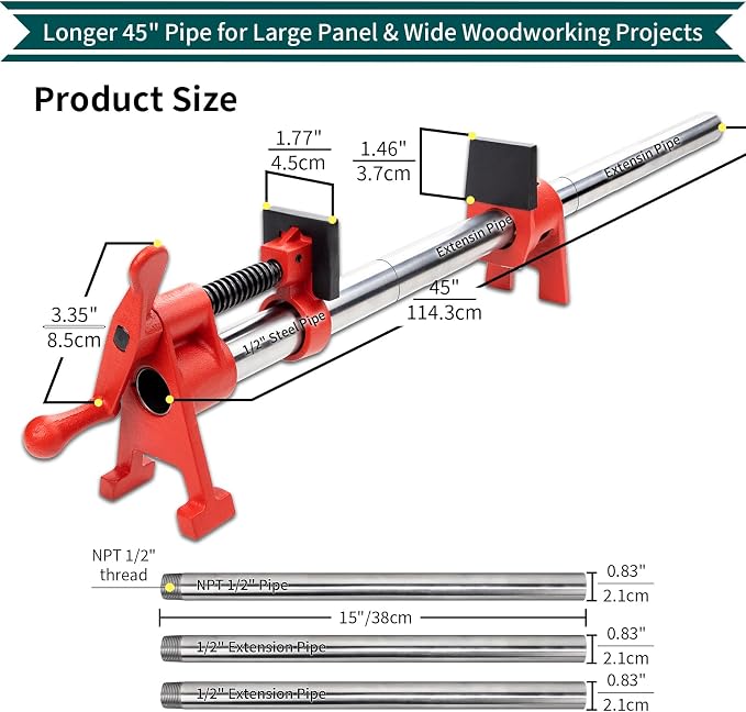 2-Pack 1/2"x40" Wood Gluing Pipe Clamps Fixture for Woodworking | 1/2" H-Style Heavy Duty Cast Iron Pipe Clamp Set with Extension Pipe for Cabinet,Furniture&Carpentry, 1100BS Load Limit