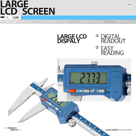 Dasqua 12" IP54 Digital Caliper, Stainless Steel Water-Resistant Precision Measuring Tool with Large LCD, Inch/Metric/Fraction Switch, Resolution 0.0005"/0.01mm/1/128, Accuracy ±0.001"/0.02mm