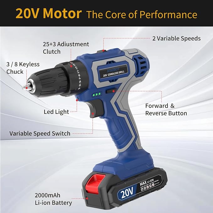 Cordless Drill with Battery and Charger, 20V Cordless Hammer Drill Kit, 30Nm Torque, 3/8" Keyless Chuck, 2-Speed for Home Repair and DIY Projects (1 Battery)