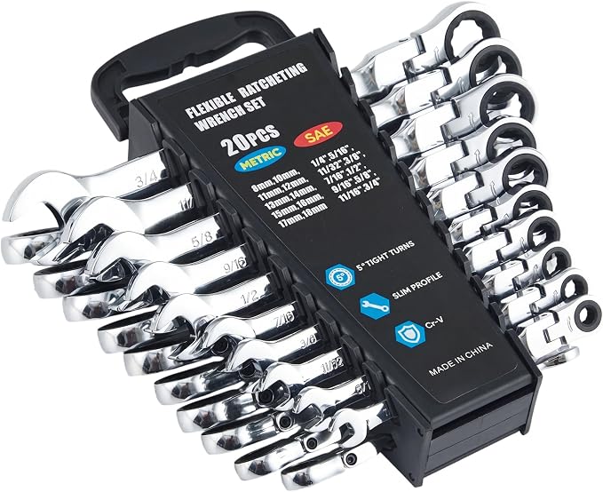 Garvee 20 Piece Ratcheting Combination SAE & Metric Wrench Set | Metric 8-18mm & SAE 1/4"-3/4" Arc CR-V Steel 72-Tooth 5° Swing | for Automotive Repair & Home Maintenance