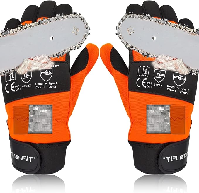 Chainsaw Gloves Saw Protection on Both Hands Back | Cut-Resistant Gloves EN ISO 11393-4, CLASS 1, EN 388: 4122X, CAT III, Module B & Module C2