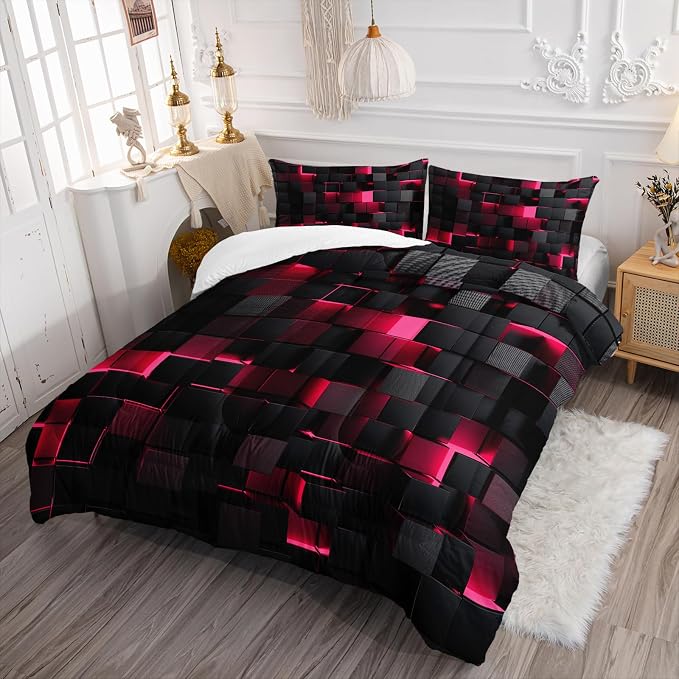 Nttopship Geometric Pink Black Comforter Set,Light Honeycomb 3 Piece Bedding Set Twin Size for Teen Boys,Modern Quilt Set Geometry Decor,Microfiber Lightweight 1 Comforter 2 Pillowcases All Season
