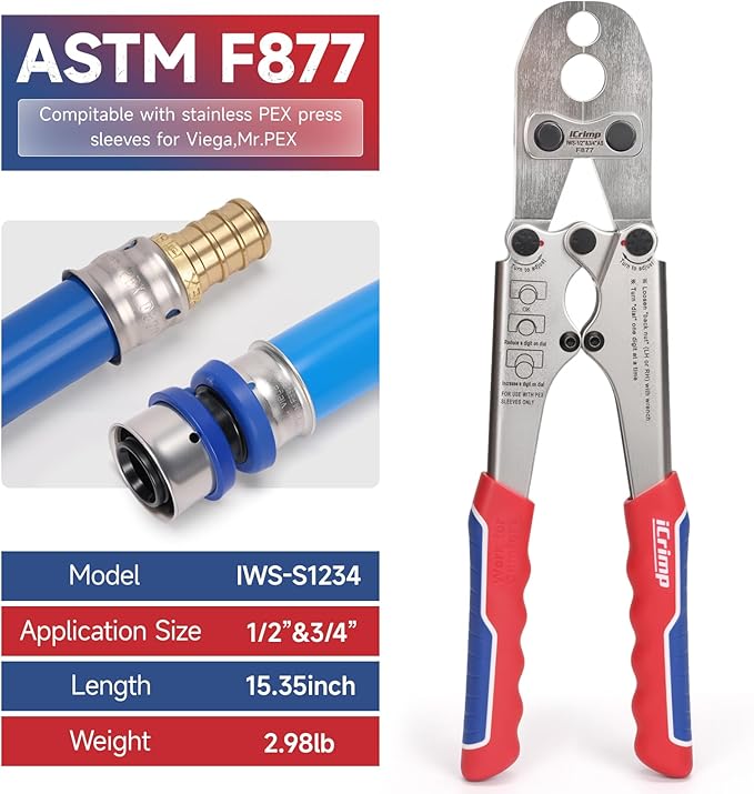 iCrimp IWS-1234AS 1/2" & 3/4" Combo PEX-B Stainless Steel Sleeve Press Tool, PEX-B Crimping Tool