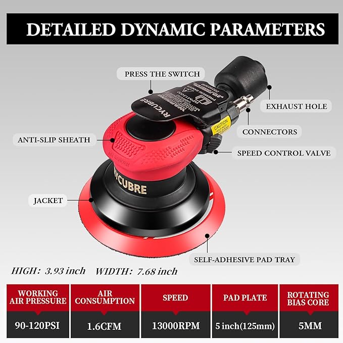 Air Sander with Vacuum 5 Inch da Palm Sander for auto body, High-Speed Random Orbital Pneumatic Sander for Woodworking & Auto Polishing (including 12 sandpaper + accessories)
