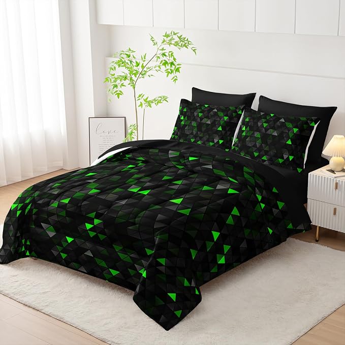 Nttopship Geometric Green Black Triangle Queen Size Comforter Set,Light Honeycomb Bedding Set 7 Piece in A Bag,Bed Sheet Set Geometry Decor,Microfiber Lightweight All Season