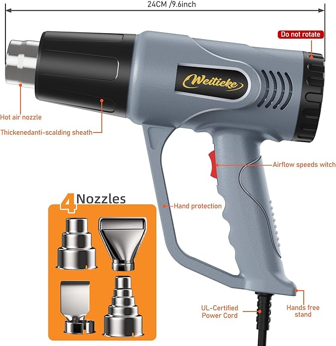 Heat Gun LCD Digital Display 122-1202℉ 7 Level Temperature Control Hot Air Gun with 4 Nozzles Fast Heating Overload Protection 10Ft Power Cord for Shrink Tubing, Vinyl Wrap, Crafting,Resin