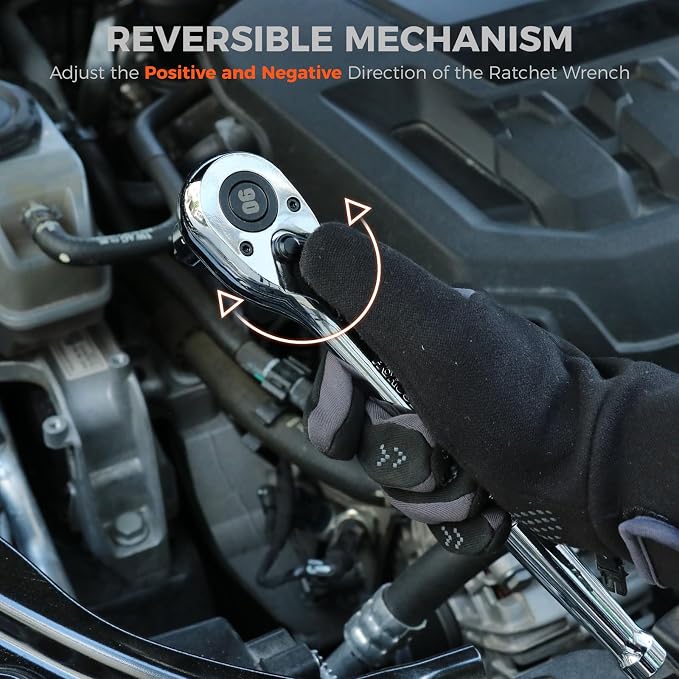 HORUSDY 1/2" Drive 90T Quick-Release Ratchet Handle, Reversible Chrome Alloy Socket Wrench with 1/2" to 3/8" Adapter, Durable and Comfortable for Automotive, DIY, Industrial and Bicycle Repairs
