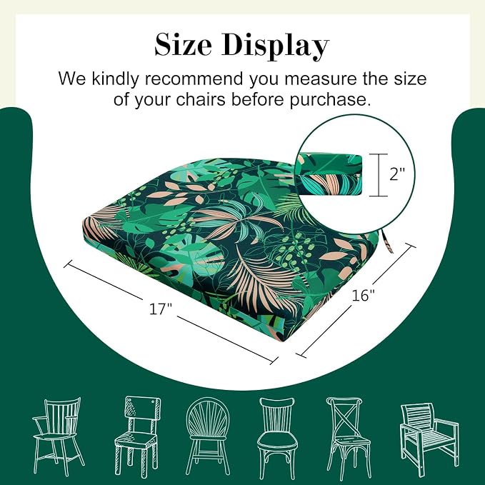 Cozyide Outdoor Chair Cushions, Waterproof Patio Seat Cushions with Adjustable Straps, Round Corner Patio Chair Cushions for Garden, Green Leaf, 17x16x2 Inch (Pack of 4)