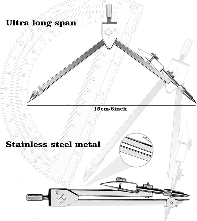 Students Geometry Math Set, Drawing Compass and 6 Inch Transparent Swing arm Protractor 180 Degree Math Protractor (Transparent)