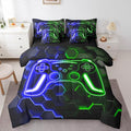 Erosebridal Gamer 7 Piece Comforter Set Full Bed in a Bag, Neon Honeycomb Gaming Bedding Sets Video Game Console Comforter and Sheet Set, Blue Green Hexagon Lights Room Decor,Kids Room Decor
