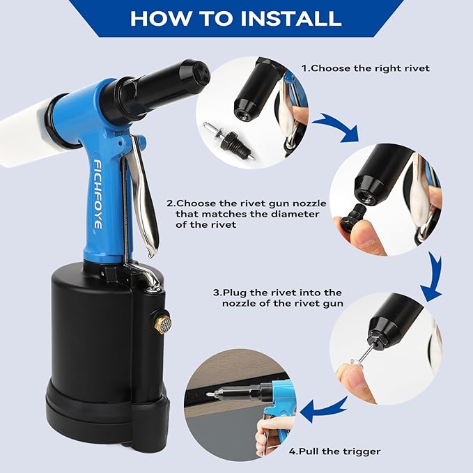 Heavy Duty Pneumatic Rivet Gun, 3500 lbf Rivet Gun Set- 3/32", 1/8", 5/32", 3/16" Air Riveter with NPT 1/4 inch for Automotive, Construction, Manufacturing Industries