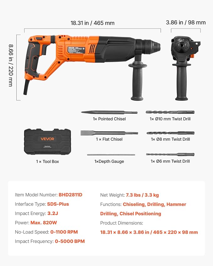 VEVOR Rotary Hammer Drill, 1-1/8 in SDS-Plus Electric Corded Heavy Duty Rotary Hammer, 4 Functions, Including 3 Drill Bits, Flat Chisel, Pointed Chisel, and Carrying Case, for Concrete and Masonry