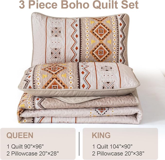 WONGS BEDDING Boho Beige Quilt Set King Size,Geometry Printed Bedspread Coverlet Set with 2 Pillowcases,Soft Bohemian Bedding Set King 104"×90"