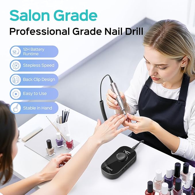 COSLUS E51 Professional Electric Nail Drill, 40000 RPM Portable Rechargeable Nail File with Storage Stand for Acrylic Gel Polishing Removing - Easy to Use for Women, Manicure at Home or Salon, Black