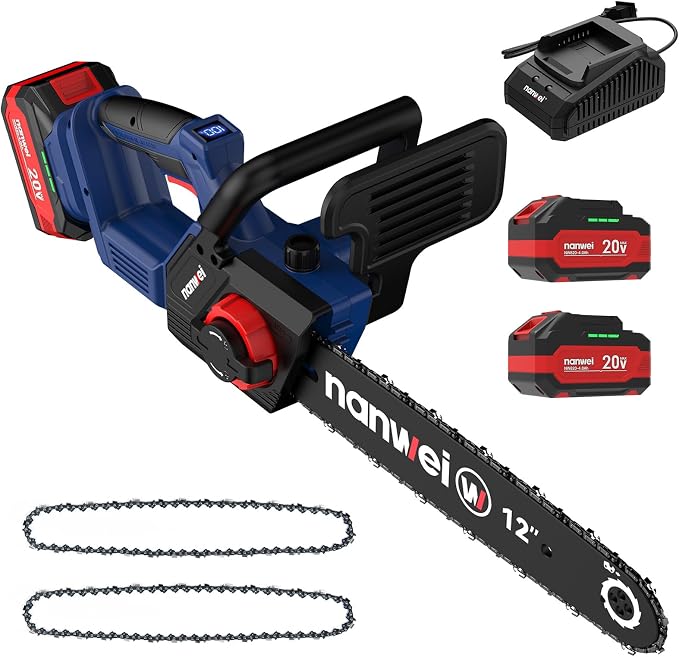 NANWEI 12 Inch Chainsaw Cordless, 20V Brushless Motor, 2x4.0Ah Batteries and Charger, Auto Oiling, Tool-Less Adjustment, Lightweight Electric Chainsaw for Tree Pruning, Branch Cutting, Extra Chain