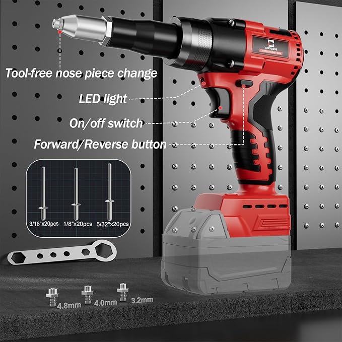 Cerycose Rivet Gun Compatible with Milwaukee 18V Battery, Cordless Rivet Tool with 3 Size (1/8", 5/32", 3/16") Aluminum Rivets, Brushless Motor Rivet Gun Kit Nose Piece, Led Light, Tool Only