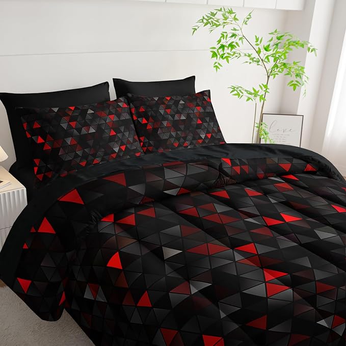 Nttopship Geometric Red Black Triangle Twin Size Comforter Set,Light Honeycomb Bedding Set 7 Piece in A Bag,Bed Sheet Set Geometry Decor,Microfiber Lightweight All Season