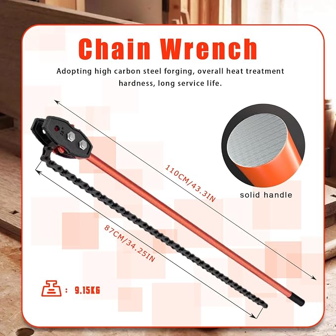 Chain Wrench, 43" Strap Wrench Heavy Duty with 34" Chain Length Max, Fits 8" Pipe Diameters for Pipe Installation, Oil Fields Operations and Maintenance