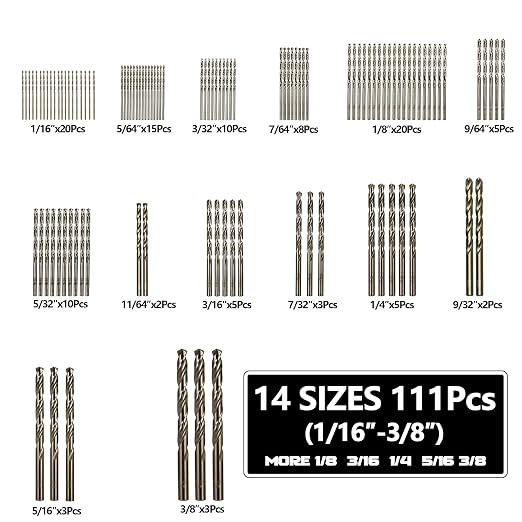 Cobalt Drill Bit Set for Hardened Metal and Stainless Steel, 111Pcs M35 High Speed Steel Twist Jobber Metal Drill Bits 1/16"-3/8", with Plastic Index Storage Case