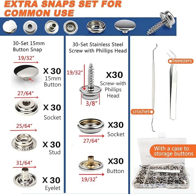 Snap Fasteners Kit, Heavy Duty Fastener Tool and 60-Set 15mm Marine Snaps Stainless Steel for Boat Covers/Tarp/Canvas/Upholstery/Leather Metal Press Studs Replacement, Installation, Repairing