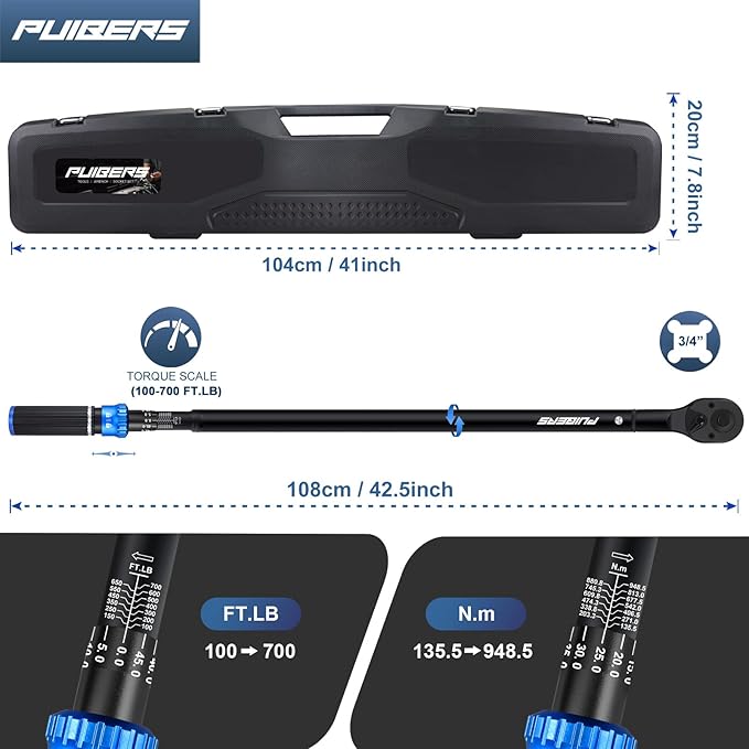 High Torque Wrench 3/4 Inch 100-700 ft, 3/4 Torque Wrench for Car, Truck, Tractor, Accuracy ± 3% Two Directions Adjustable 48 Teeth Precision Instruments Wrenches