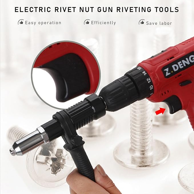 DXNQ Electric Rivet Nut Gun Riveting Tools, Metal Pop Rivet Gun Tool Rivet Drill Attachment with Non-Slip Handle, Efficient Cordless Riveter Adapter Kit Includes 4 Rivet Heads
