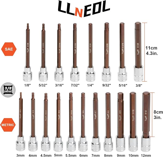 LLNEDL 3/8 Inch Drive Long Allen Hex Bit Socket Set, 19-Piece Hex Head Standard SAE & Metric Sockets (1/8"-3/8", 3-12mm), S2 Alloy Steel Durable Tools for Mechanics
