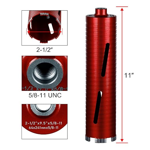 SALI Diamond Core Drill Bits 2 1/2" Diameter 10"/254mm Drilling Depth 5/8-11" Thread Core Bit Turbo Laser-Welded Segments for Cured Concrete with Brick Block Masonry with Two Adapters（Red）