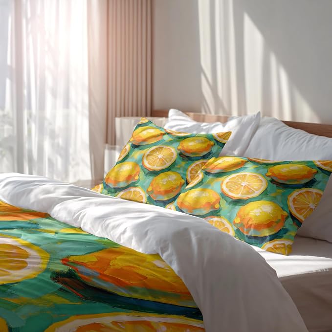Batmerry Lemons King Size 100% Cotton Duvet Cover Sets, Impressionistic Lemon Pattern Bedding Set with Zipper Closure Corner Ties, 3 Pieces (1 Cover + 2 Pillowcases No Comforter)