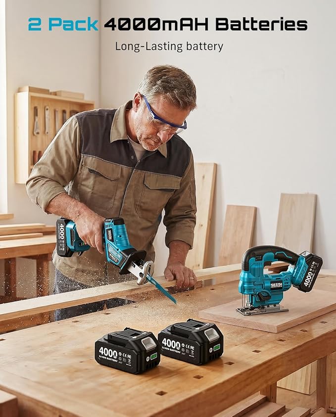 SEESII 2-Tool Cordless Combo Kit, Reciprocating Saw & Jig Saw with 2x4.0Ah Batteries, Brushless Motor, 0-45° Bevel Cut Jigsaw, Adjustable Speed, LED Light, Lightweight for Wood/Metal/PVC Cutting, DIY