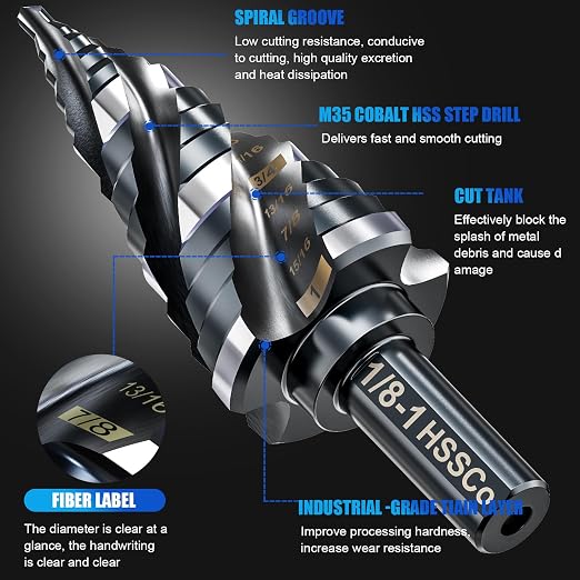 Four Spiral Flute M35 Step Drill Bit Set 1/8"-1"(9 Sizes), 3/8" Shank for Metal Step Drill bit, Impact Resistant Cobalt Step Drill Bit, for Stainless Steel, Wood, Aluminum, Plastic