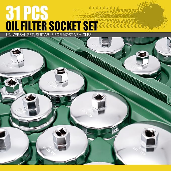 31PCS Oil Filter Wrench Set, Stainless Steel Oil Filter Cap Socket, 1/2" Drive 27mm 32mm 36mm 64mm-101mm Oil Filter Removal Tool, Compatible with VW, Ford, Honda, Toyota, Nissan, Audi, BMW, etc