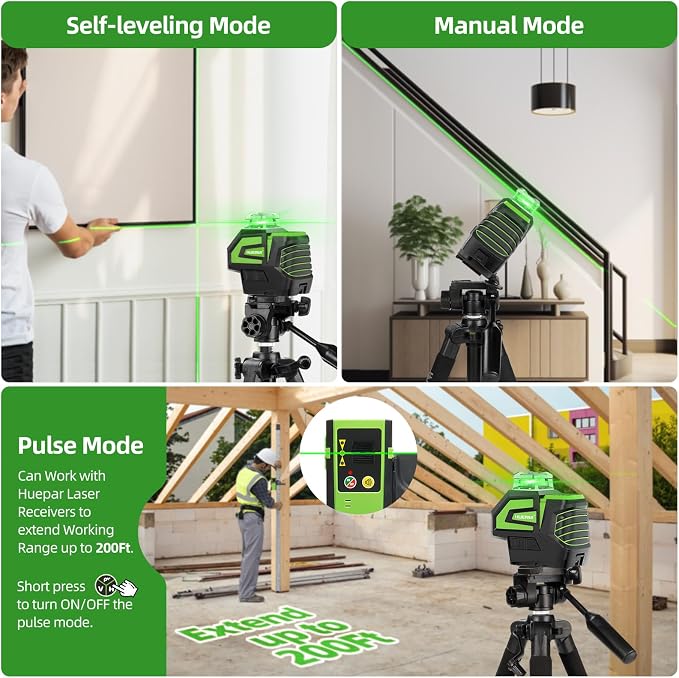 Huepar Self Leveling Laser Level Green Cross Line Laser with 2 Plumb Dots Laser Tool -360° Horizontal Line Plus 140° Vertical Level Laser with Up & Down Points - Rechargeable & Magnetic Bracket 7211CG