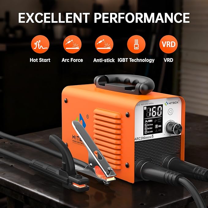HITBOX Stick Welder 110V Digital Display 200A Duty Cycle 60% ARC Lift TIG Welding Machine LCD Display IGBT Inverter Portable MMA Welder with Hot Start, Arc Force, VRD and Anti Stick