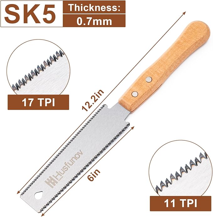 Husfunov Japanese Hand Saw, 6 Inch Pull Saw with Double Edges of 11/17 TPI, SK5 Flexible Blade Handle Wood Saws for Woodworking Tools