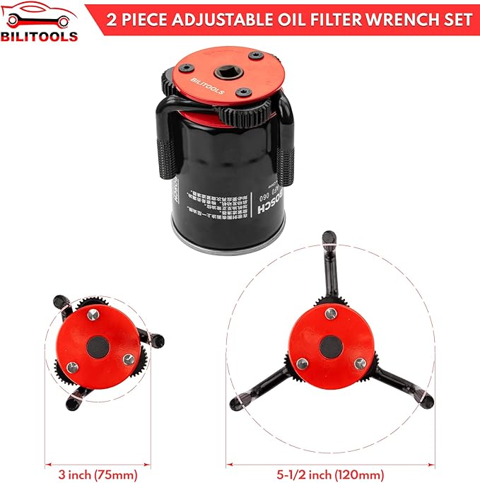 BILITOOLS Adjustable Oil Filter Wrench – Universal Oil Filter Removal Tool, 1/2" Drive, Fits 2-1/2"–5-1/8" Filters
