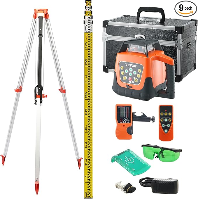 VEVOR Green Rotary Laser Level 2000ft, 360 Degree Self Leveling Laser Level Kit,with Surveying Tripod & 5m Staff, IP66 Waterproof Remote Control, 5 Rotation Speeds (Ship in Three Packages)