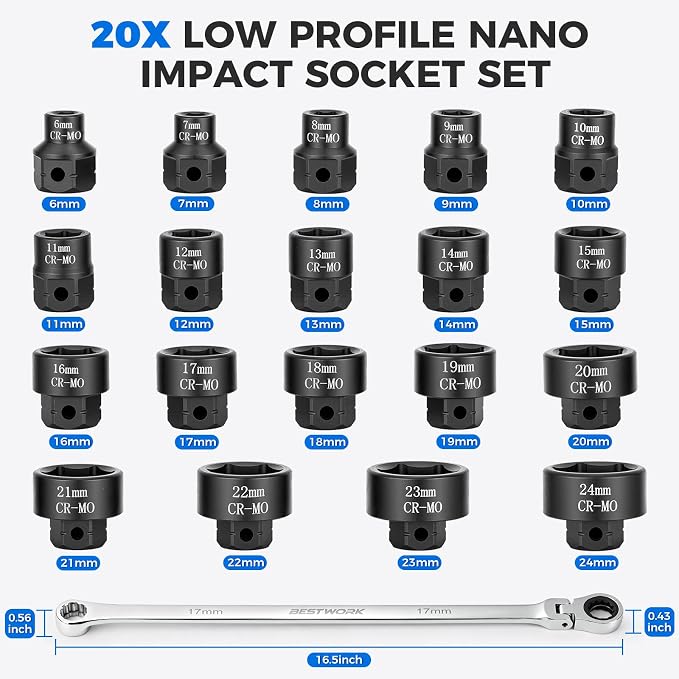 16.5" Long Flex Head Nano Ratchet Wrench & 19 Pcs 3/8" Nano Impact Sockets | Dual-Head Design, Laser-Etched Markings, 6-24mm, Metric, for Automotive, Bicycle & Industrial Use, Storage Case