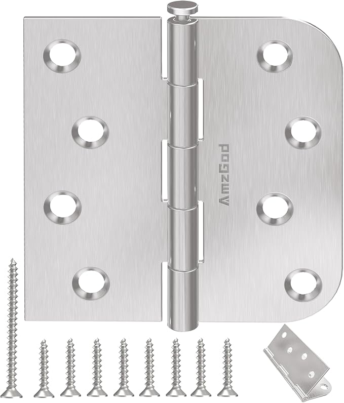 3 Pack Brushed Nickel Door Hinges, 4 Inch Exterior Door Hinges with Square & 5/8" Radius, 4 in Satin Nickel Heavy Duty Residential Front and Back, Removable Pin & No Squeaks
