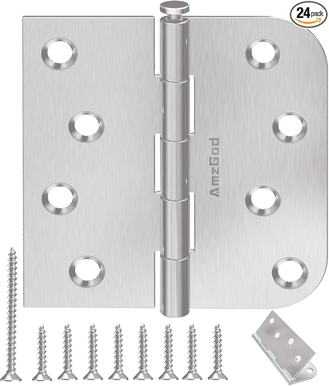 24 Pack Brushed Nickel Door Hinges, 4 Inch Heavy Duty Hinges with 5/8" Radius & Square Corners, Satin Finish, Removable Pin, Quiet for Interior & Exterior Doors