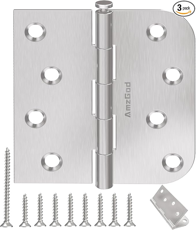 3 Pack Brushed Nickel Door Hinges, 4 Inch Exterior Door Hinges with Square & 5/8" Radius, 4 in Satin Nickel Heavy Duty Residential Front and Back, Removable Pin & No Squeaks
